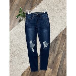 American Eagle Size 2 Short Dark Wash Distressed High Rise Jegging Skinny Jeans